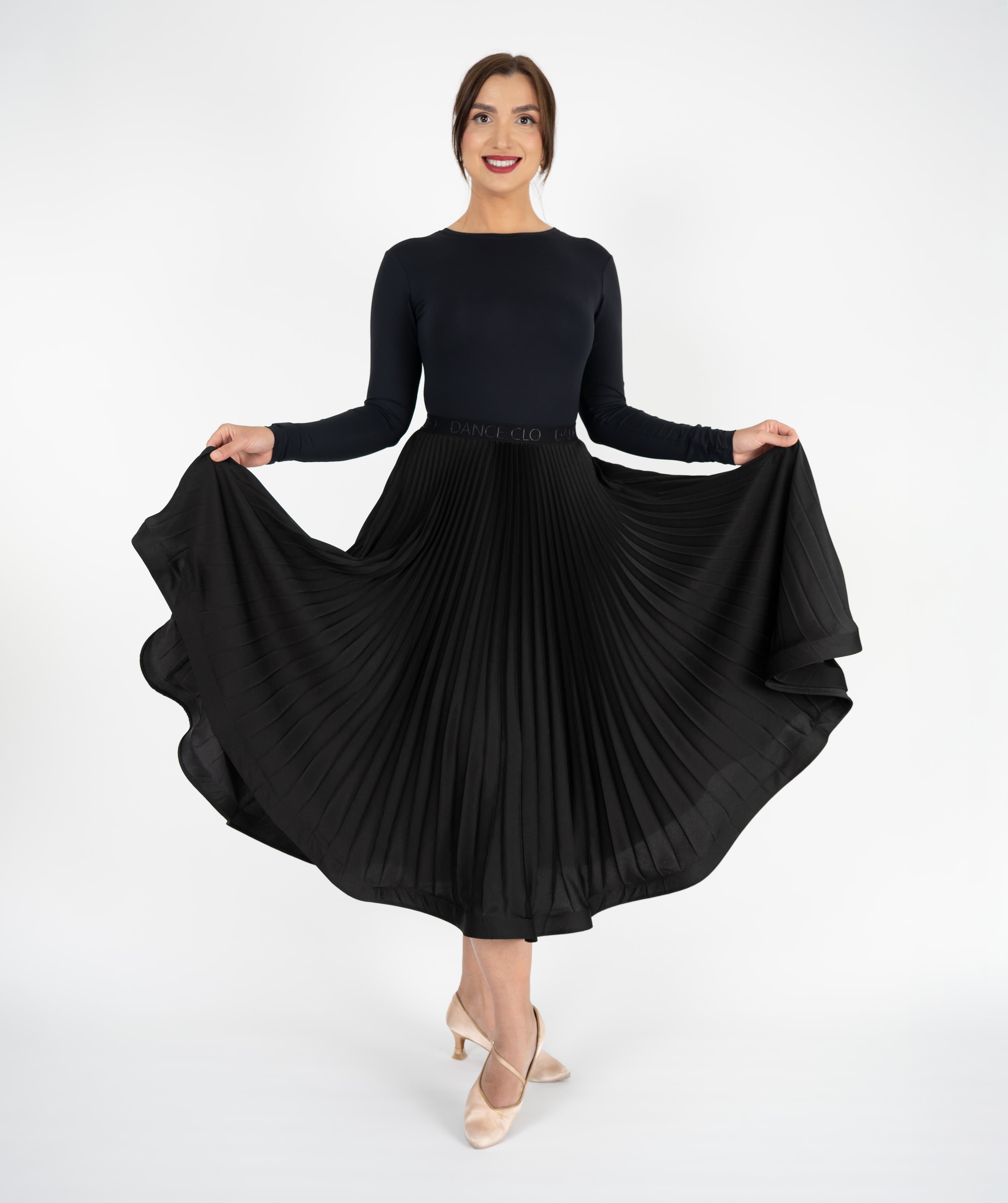 Pivot Glide | Pleated Maxi Ballroom Skirt with DanceCLO Elastic Waistband & Horsehair Braid Hem