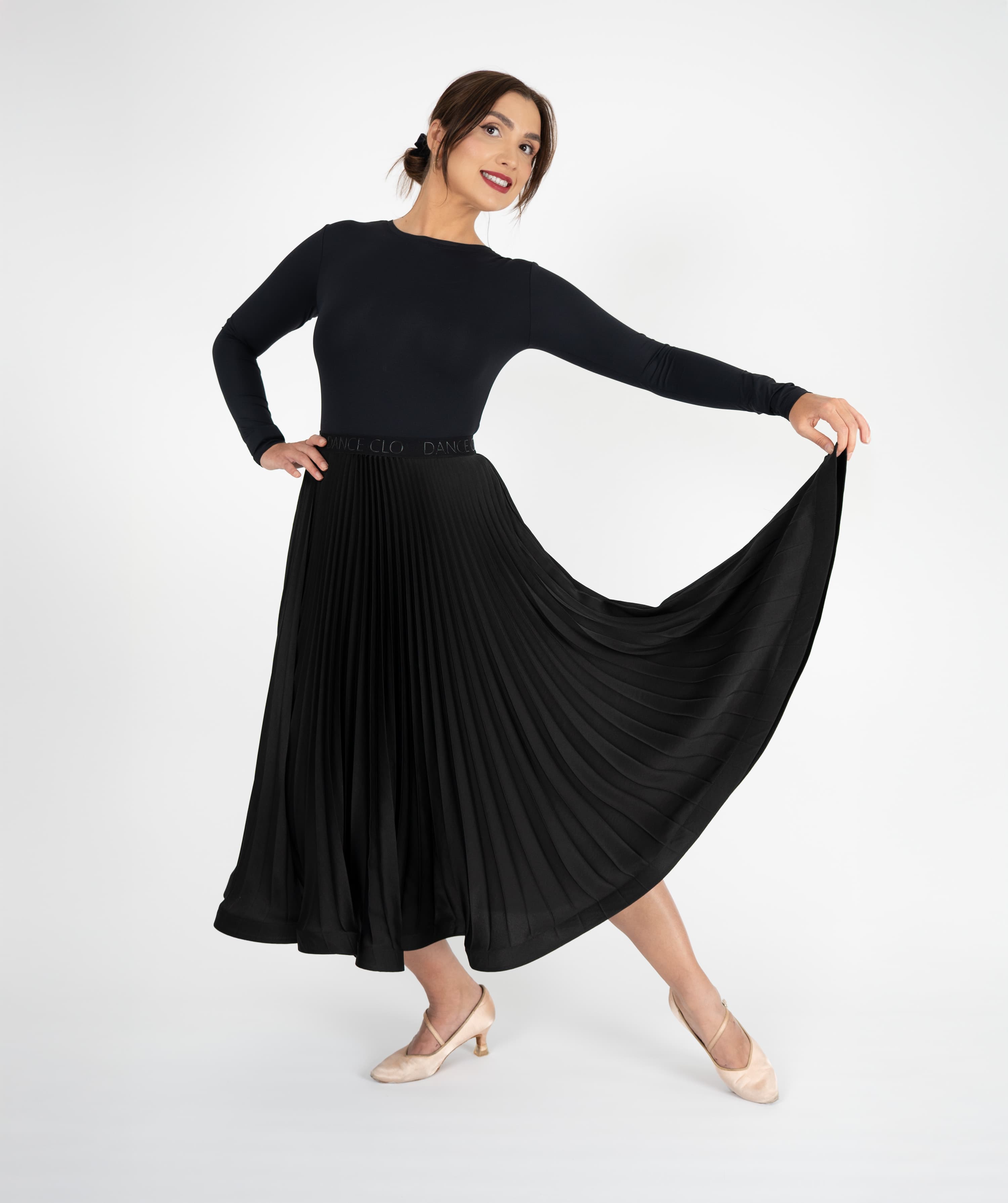 Pivot Glide | Pleated Maxi Ballroom Skirt with DanceCLO Elastic Waistband & Horsehair Braid Hem